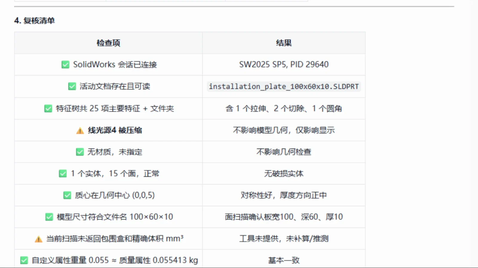 SOLIDWORKS 当前模型扫描中的实体、特征树和基础属性信息